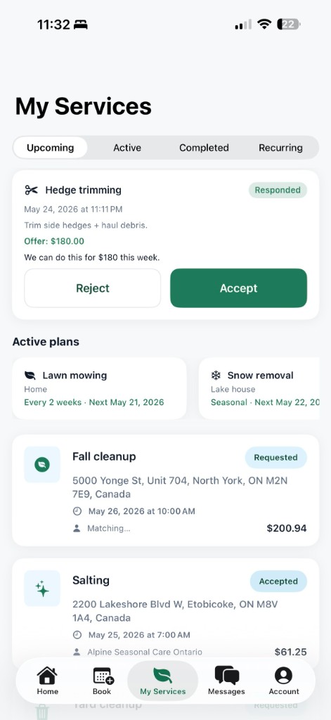 My Services — manage visits, offers, and active plans in the GraSnoW app
